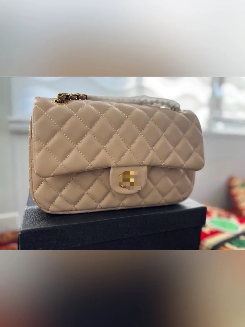 Quilted Beige Shoulder Bag with Gold Hardware